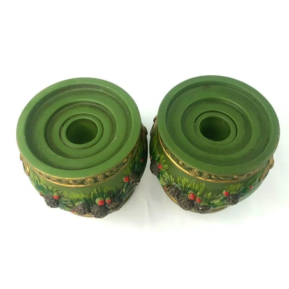 Napcoware Napco Taper Candle Holder Set of 2 Green Vtg MCM Christmas Pinecone